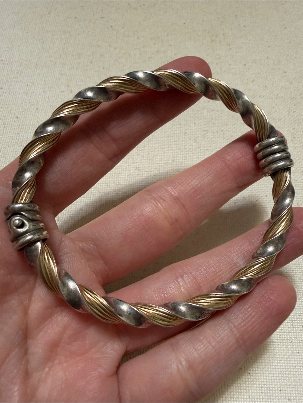 Stunning 14K Gold & 925 Sterling Silver Two-Tone Twisted Bangle Bracelet